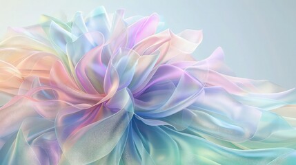 Wall Mural - Gradient fabric in pastel colors, liquid glass collected in layers, moves and shimmers on a light background. Abstract animation of rainbow hue flower shaped fabric, 3D futuristic motion design 4K.