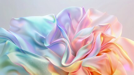 Wall Mural - Gradient fabric in pastel colors, liquid glass collected in layers, moves and shimmers on a light background. Abstract animation of rainbow hue flower shaped fabric, 3D futuristic motion design 4K.