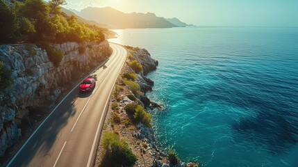 An aerial view of a car driving on an asphalt highway near the sea in the afternoon with warm sunlight.