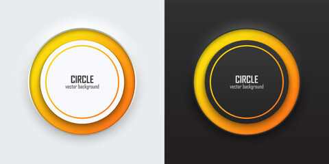 Fototapete - Set of realistic 3d circle, yellow and orange illuminate neon lighting, Circles frames on a white and black background in neumorphism style. Elements for design. Top view of podium. EPS10 vector.