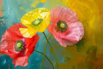 Wall Mural - Vibrant Abstract Painting of Colorful Poppies on a Textured Background