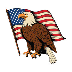 Bald eagle sitting on a tombstone with American flag vector art illustration design element for USA Independence and Memorial Day