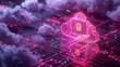 © wanna - 3D rendering of a data cloud with a glowing neon padlock icon on top,