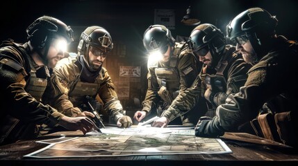 a team of elite soldiers in tactical gear huddled around a map planning a mission