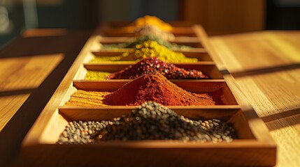 Wall Mural - A row of colorful spices arranged on a wooden spice rack, their shadows intermingling
