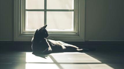 Wall Mural - A sleek cat lounging near a sunlit window, its silhouette stretching across the floor