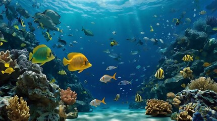 Wall Mural - coral reef with many different types of fish swimming around.