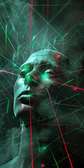 Wall Mural - A mans face is encircled by vibrant green and red laser, creating a striking visual effect against his skin. Surreal