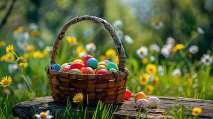 Vibrant Easter eggs in a wooden basket on a table in a green garden with daisy flowers set against a sunny spring day symbolizing the Easter festival and the arrival of summer