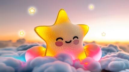 Wall Mural - A star is sitting on top of a cloud. The star is smiling and has a happy expression