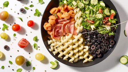 Poster - A bowl of food with pasta, vegetables, and meat