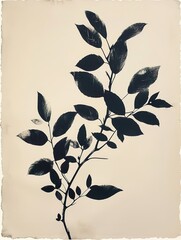 Wall Mural - Monochrome silhouette of leaves on branch, minimalist style.