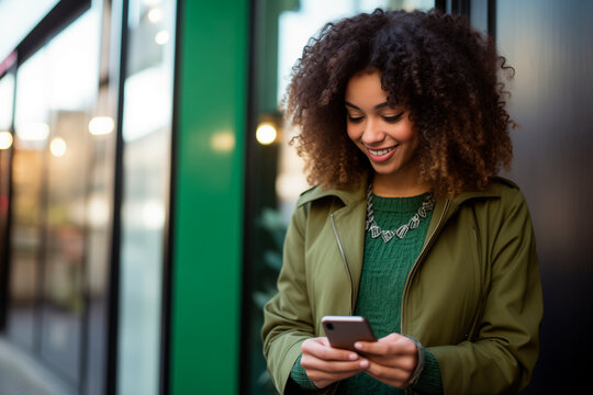 a mixed race girl, aged 20, looking at her cellphone, wearing a green outfit, young and trendy