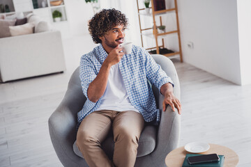 Sticker - Photo of dreamy positive man wear checkered shirt enjoying coffee staying home indoors house apartment room