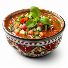 Canvas Print - Closeup of a colorful bowl of gazpacho soup garnished with fresh herbs isolated on white background 