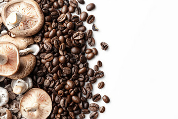 Poster - Coffee beans and mushrooms mixed together. Trendy superfood background