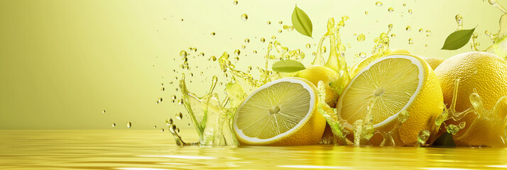 Canvas Print - Lemon juice splashing on a light yellow to green gradient background, zesty and fresh 