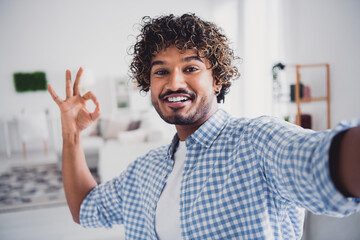 Wall Mural - Photo of cool good mood man wear checkered shirt showing okey recording video vlog indoors house apartment room