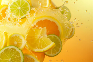 Canvas Print - Mixed citrus juice splashes on a yellow to lime gradient background, refreshing and vibrant 