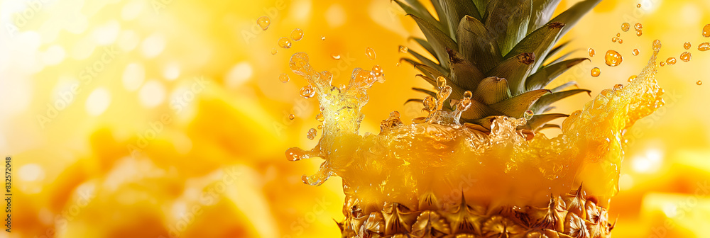 Pineapple juice splashing on a yellow to orange gradient background ...