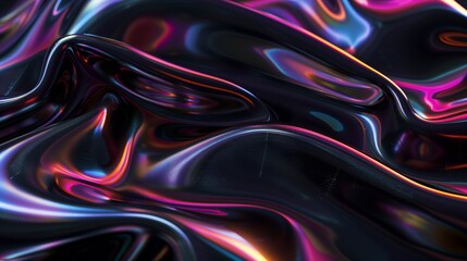 Closeup of swirling holographic flowing forms and curves on a black solid background.