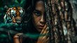 © fotogurmespb - Scared woman clutching a tree as a tiger prowls in the background