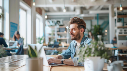 Wall Mural - a Caucasian entrepreneur working on a startup project in a bright, open-plan office