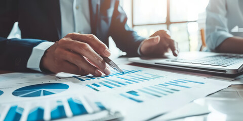 a financial advisor reviewing investment portfolios with a client in a bright office