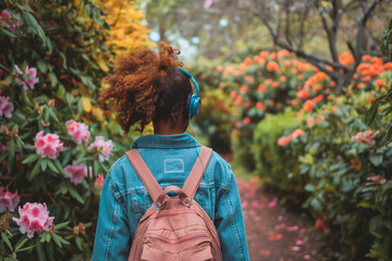 Wall Mural - Trendy pedestrian with headphones walking along a park trail, vibrant flowers and trees 