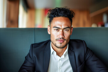 Confident 25 year old clean shaven man in a suit sitting in booth.