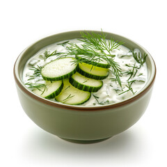 Wall Mural - Wide angle of a refreshing bowl of Greek tzatziki with sliced cucumbers and dill isolated on white background 