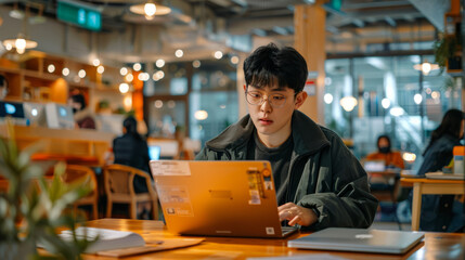 Wall Mural - a Korean entrepreneur working on a business plan in a trendy coworking space