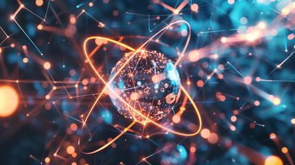 Atom structure with orbiting electrons, scientific visualization, quantum physics, top view, showcasing atomic details, digital tone, vivid color scheme.