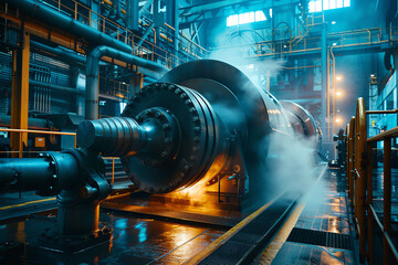 Highpressure steam in industrial machinery, power plant operation, mechanical engineering, front view, highlighting energy production processes, technology tone, Complementary Colo