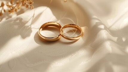 Pair of gold wedding rings on a neutral cream backdrop, representing love and unity. Ideal for bridal and engagement visuals