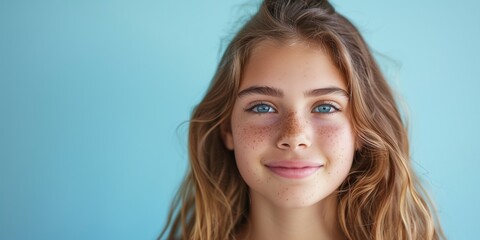 Wall Mural - beautiful young girl teenager happy isolated on blue background