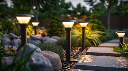 Wall Mural - Soft glowing solar path lights leading through a serene backyard garden.