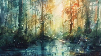 Wall Mural - Watercolor painting of a forest with a lake and sunlight