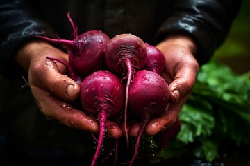 Wall Mural - Hands holding a bunch of fresh beetroots, with drops of beetroot juice glistening on the surface
