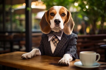 Poster - A Beagle wearing a bowtie, sitting at a outdoor cafe table with a cup of coffee, portraying a chic and sophisticated vibe