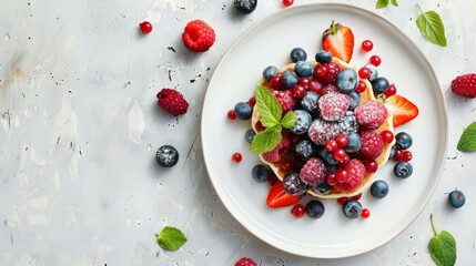 Wall Mural - Summer pancake with berries on white plate. Food top view