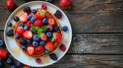 Wall Mural - Summer pancake with berries on white plate. Food top view