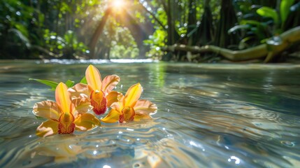 Wall Mural - A bunch of orchid flowers submerged in clear, flowing water, creating a graceful and serene underwater scene.