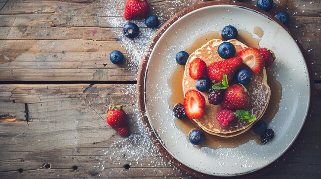 Summer pancake with berries on white plate. Food top view