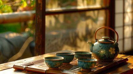 Asian traditional tea ceremony. Beautiful asian turquoise porcelain tea set. A teapot and four cups of tea stand on a bamboo stand. Japanese house interior. Warm evening or morning light. 