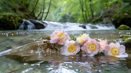 Wall Mural - Beautiful peony flowers gracefully submerged in clear, flowing water, showcasing their elegant beauty and tranquility.