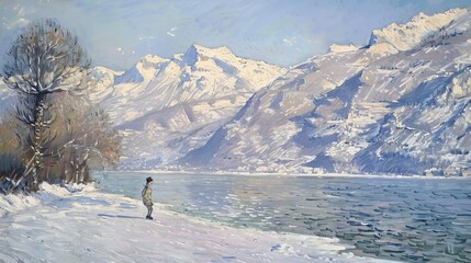 Wall Mural - Winter landscape with a frozen lake and snow-capped mountains