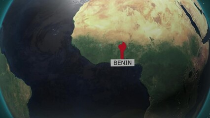 Wall Mural - Benin map.Cinematic video background showcases Realistic Globe rotating, zooming in on Benin country