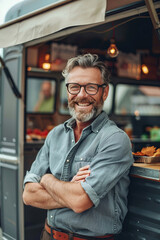 Canvas Print - Portrait of a happy man smiling against the background of a shop