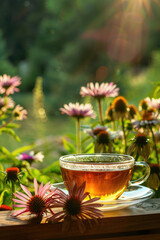 Wall Mural - tea with echinacea on the background of nature